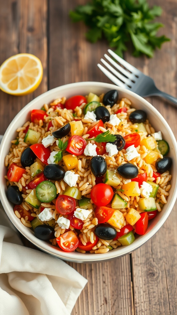 Refreshing Mediterranean Orzo Salad Recipe A vibrant Mediterranean orzo salad with cherry tomatoes, cucumbers, bell peppers, olives, and feta cheese in a bowl.